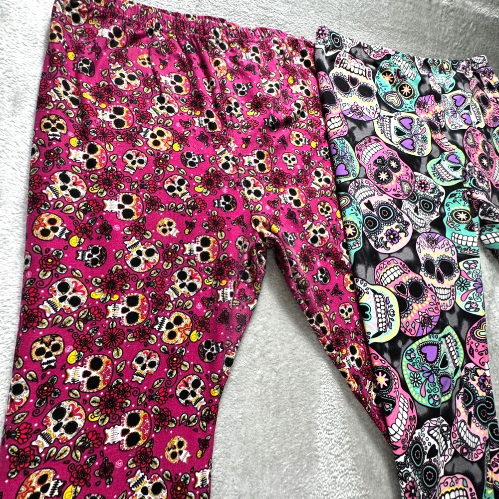 Sugar Skull Lot of 2 Leggings XL Womens Day of the Dead Pink Grey Calavera Print - Picture 3 of 6